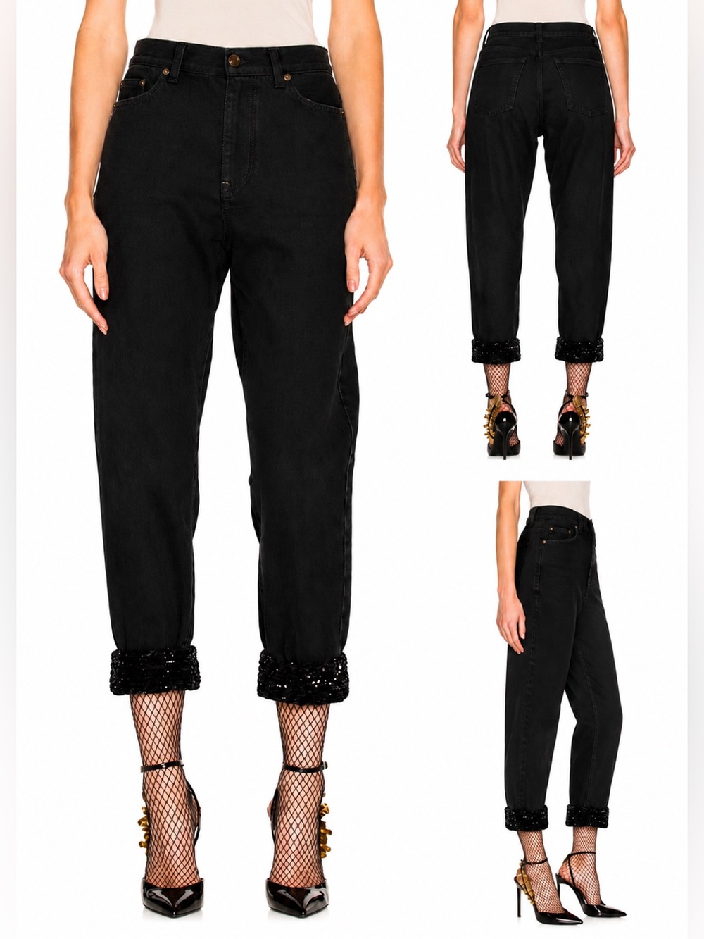 Archival Saint Laurent 2016 Sequin Cuffed Baggy Jeans Sz 27 Black 464944